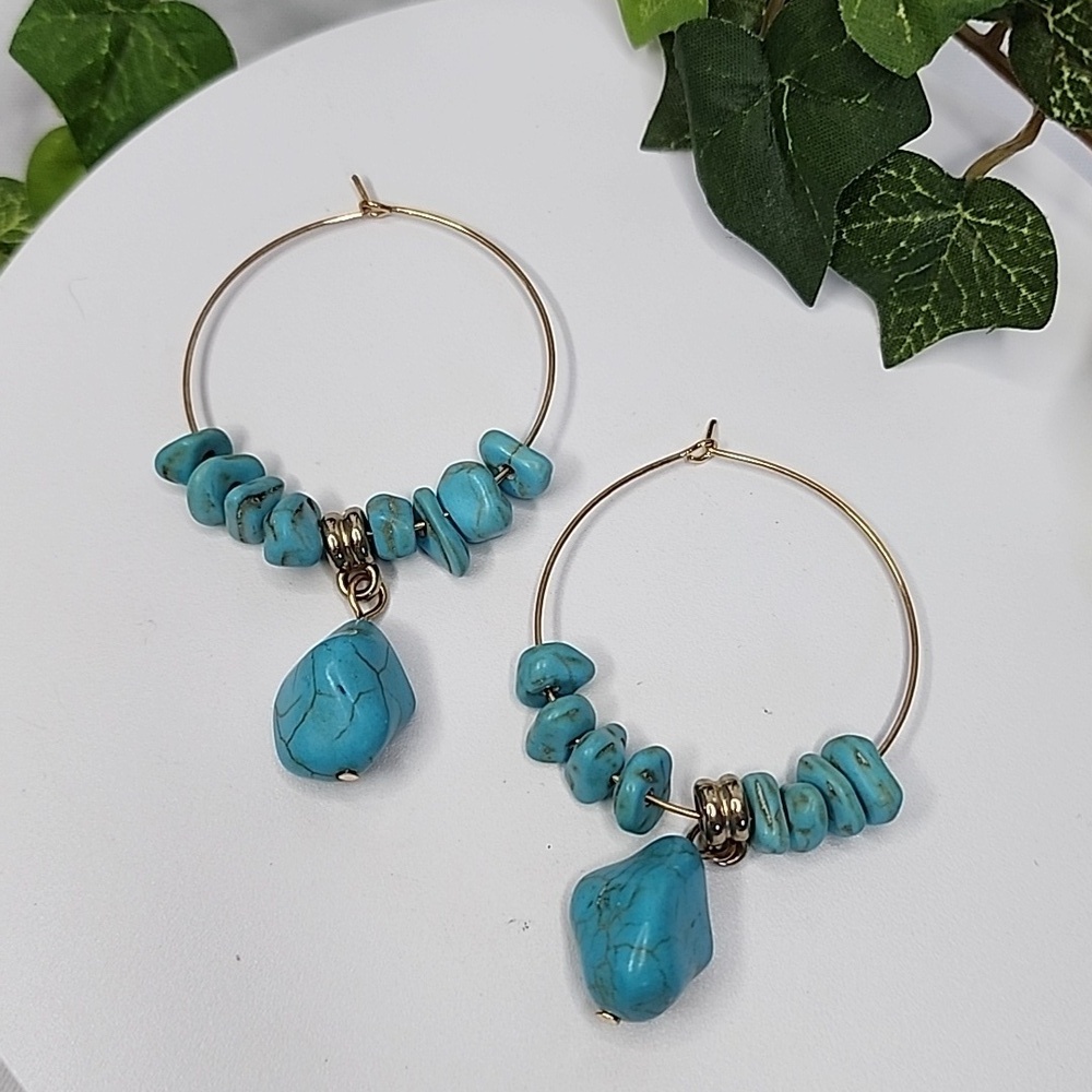 Boho Gold Hoop Earrings with Turquoise Blue Howlite Natural Stone